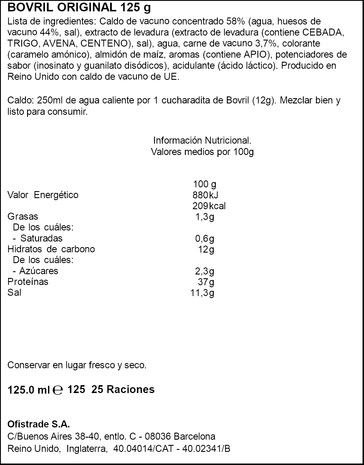 Caldo concentrado de carne Bovril 125g