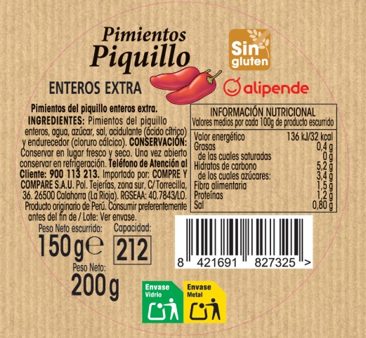 Pimientos de piquillo enteros sin gluten Alipende 150g