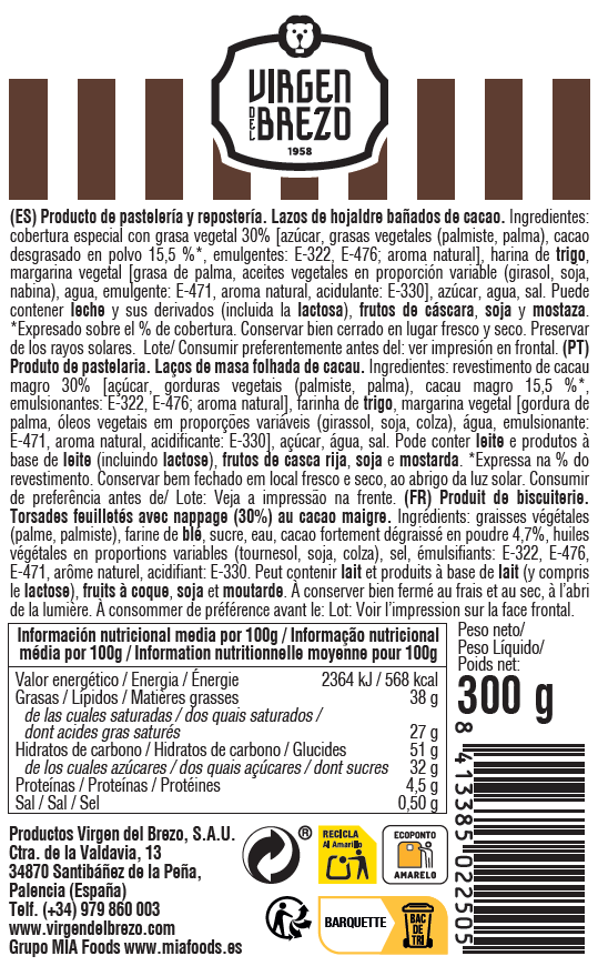 Lacitos hojaldre Virgen del Brezo cacao 300g