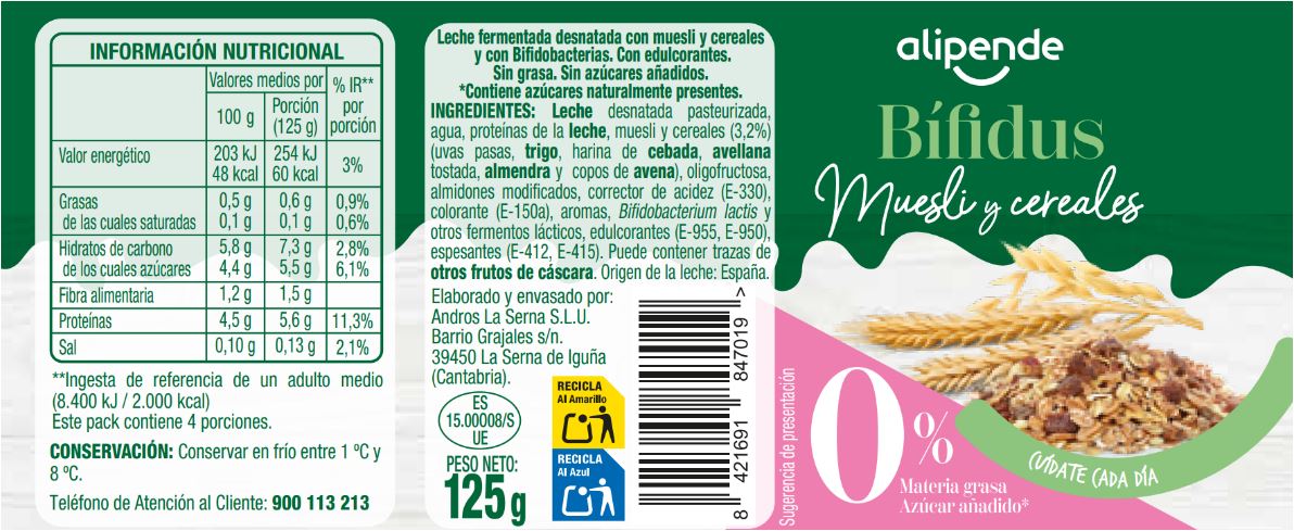 Bífidus Alipende sin azúcar añadido pack 4 muesli y cereales
