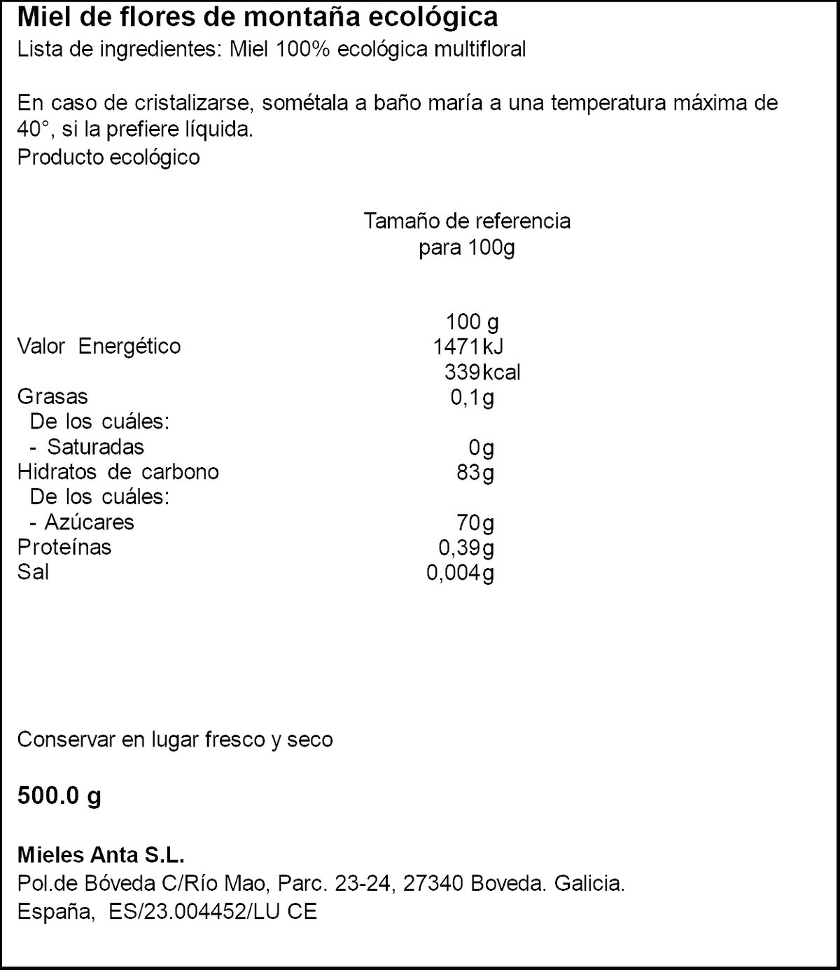 Miel de flores ecologica Pazo De Lusio 500g