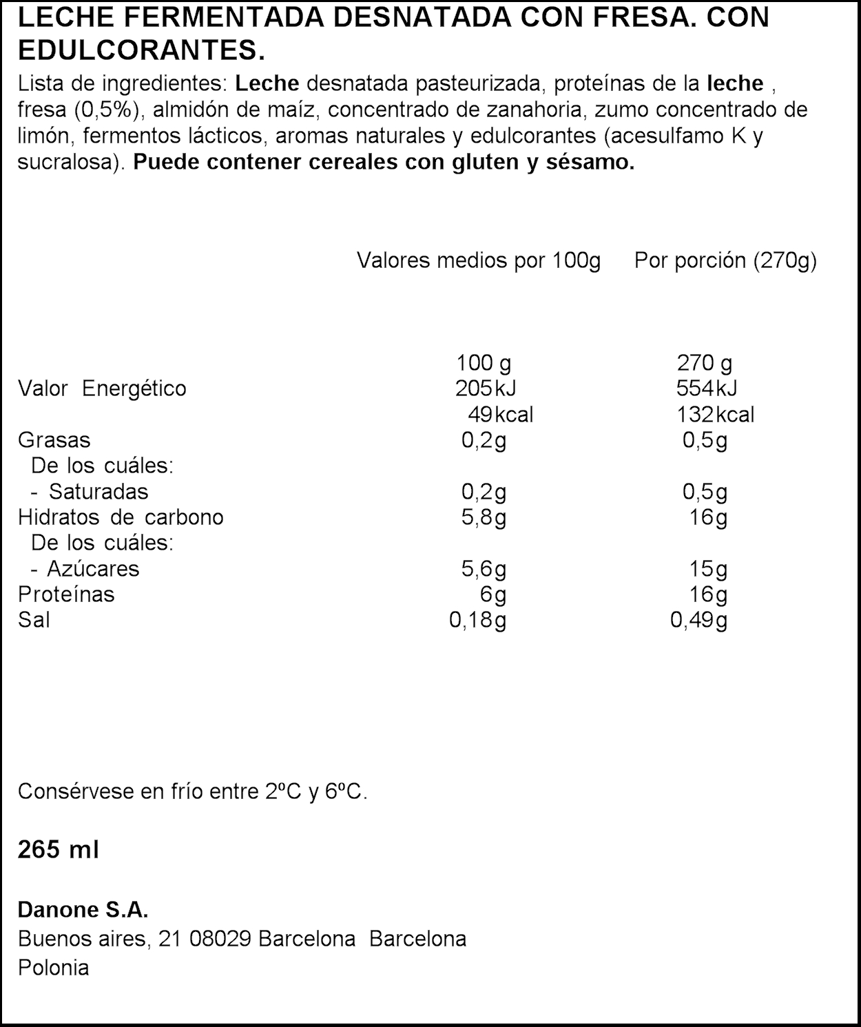 Yogur líquido proteina Danone 270 gr fresa