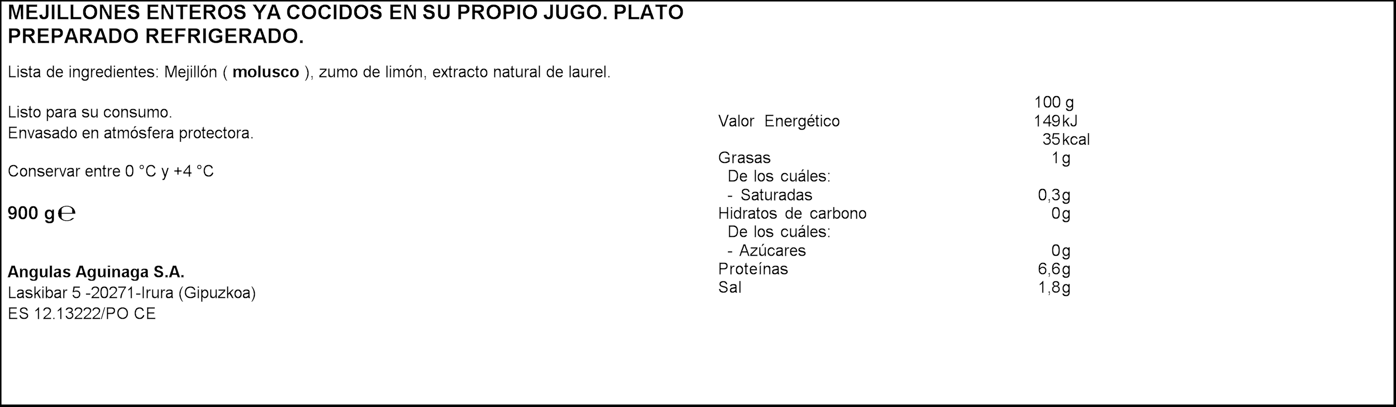 Mejillón cocido Aguinamar 900g en su jugo