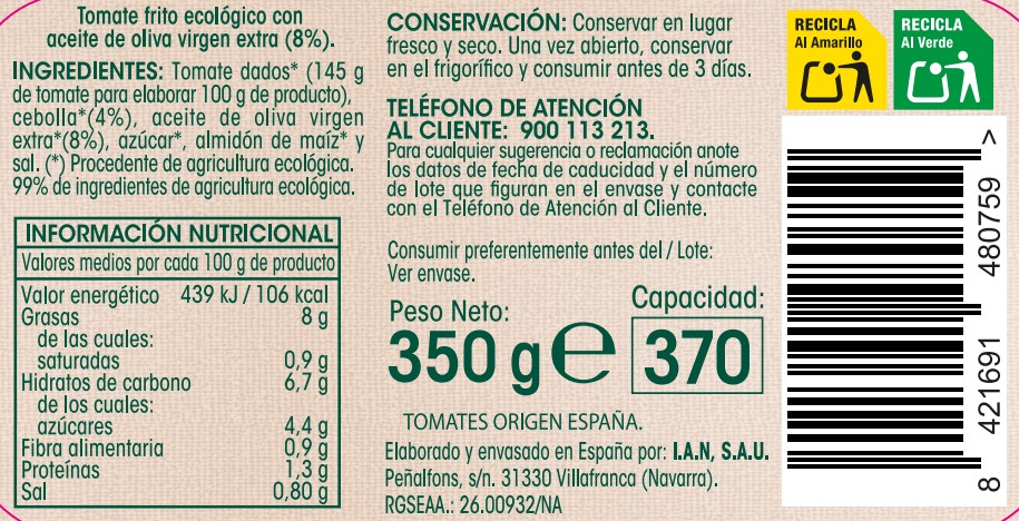 Tomate frito ecológico en aceite de oliva Alipende 350g