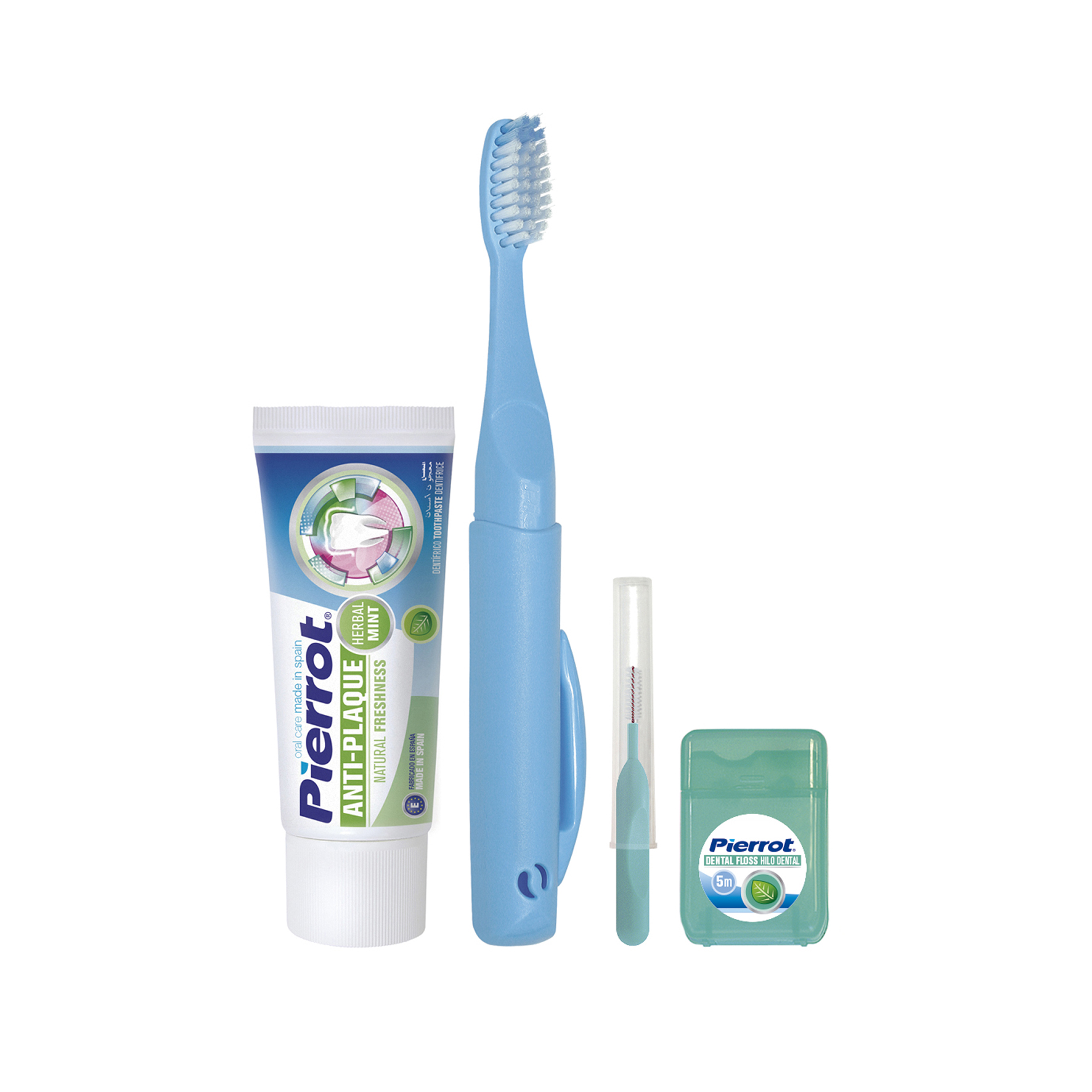 Kit dental infantil viaje Pierrot: cepillo de dientes, capuchón tiburón y  crema dental fresa 1 ud.