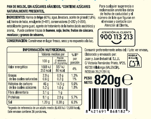 Pan de molde Alipende 820g Familiar