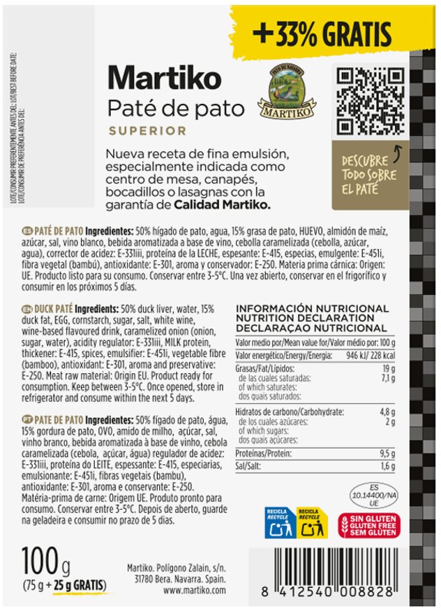 Paté de pato Martiko bloc 75g