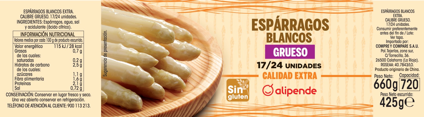 Espárragos blancos grueso Alipende 425g (17/24 piezas)