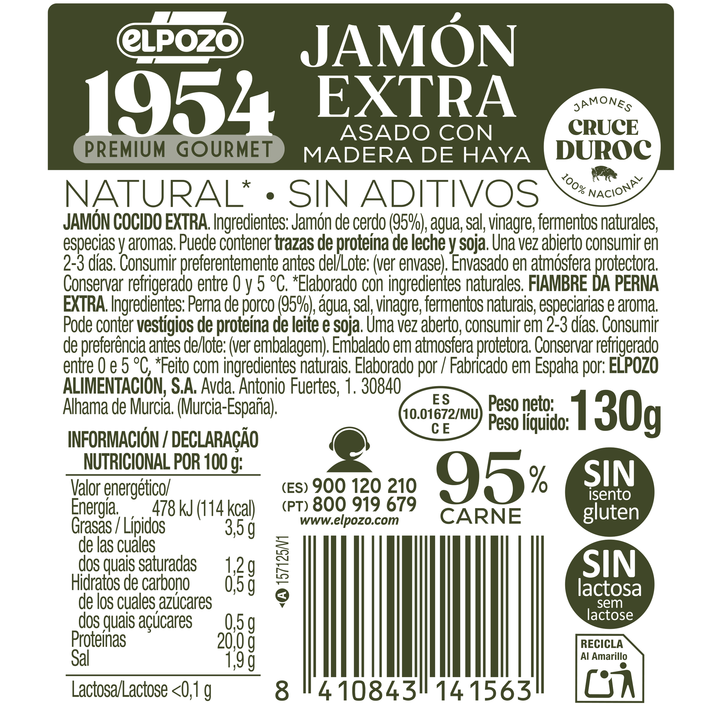 Jamón asado extra natural sin lactosa sin aditivos lonchas 130g