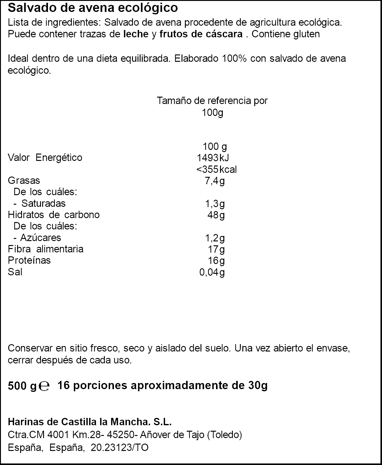 Salvado de avena ecológico Haricaman 500g