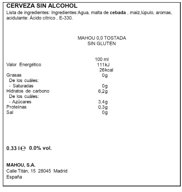 Cerveza 0,0% tostada sin gluten Mahou lata 33cl