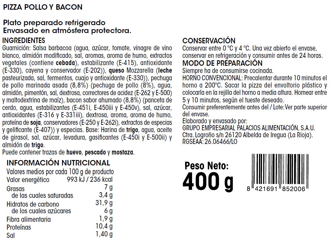 Pizza Alipende 400g pollo y bacon