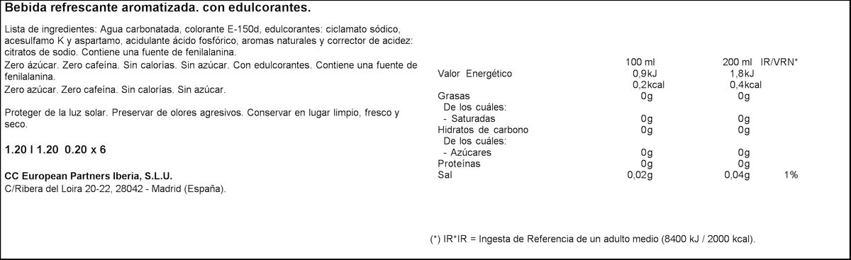 Refresco cola Coca-Cola zero azúcar zero cafeína mini lata 20cl pack 6