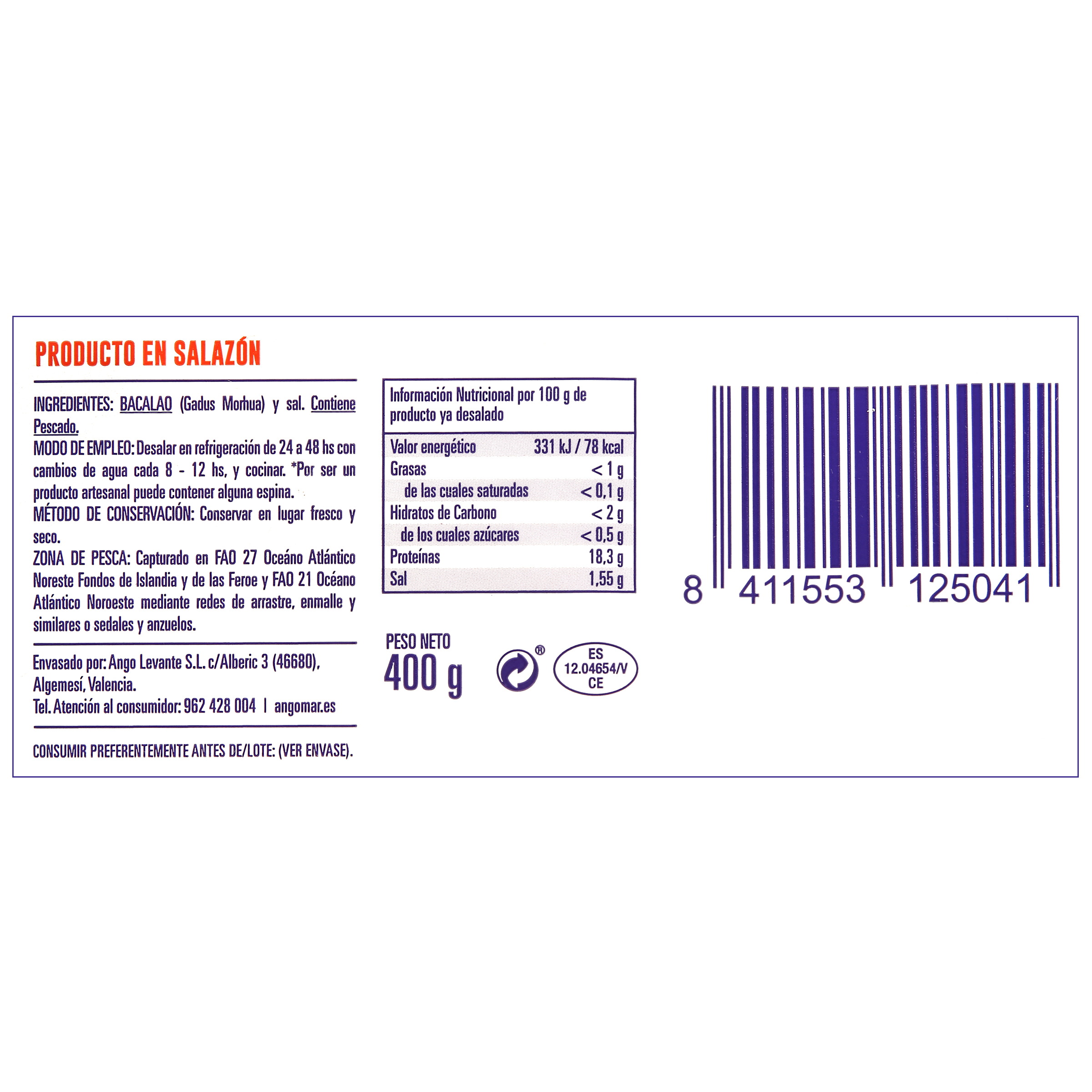 Bacalao en trozos Angomar 400g