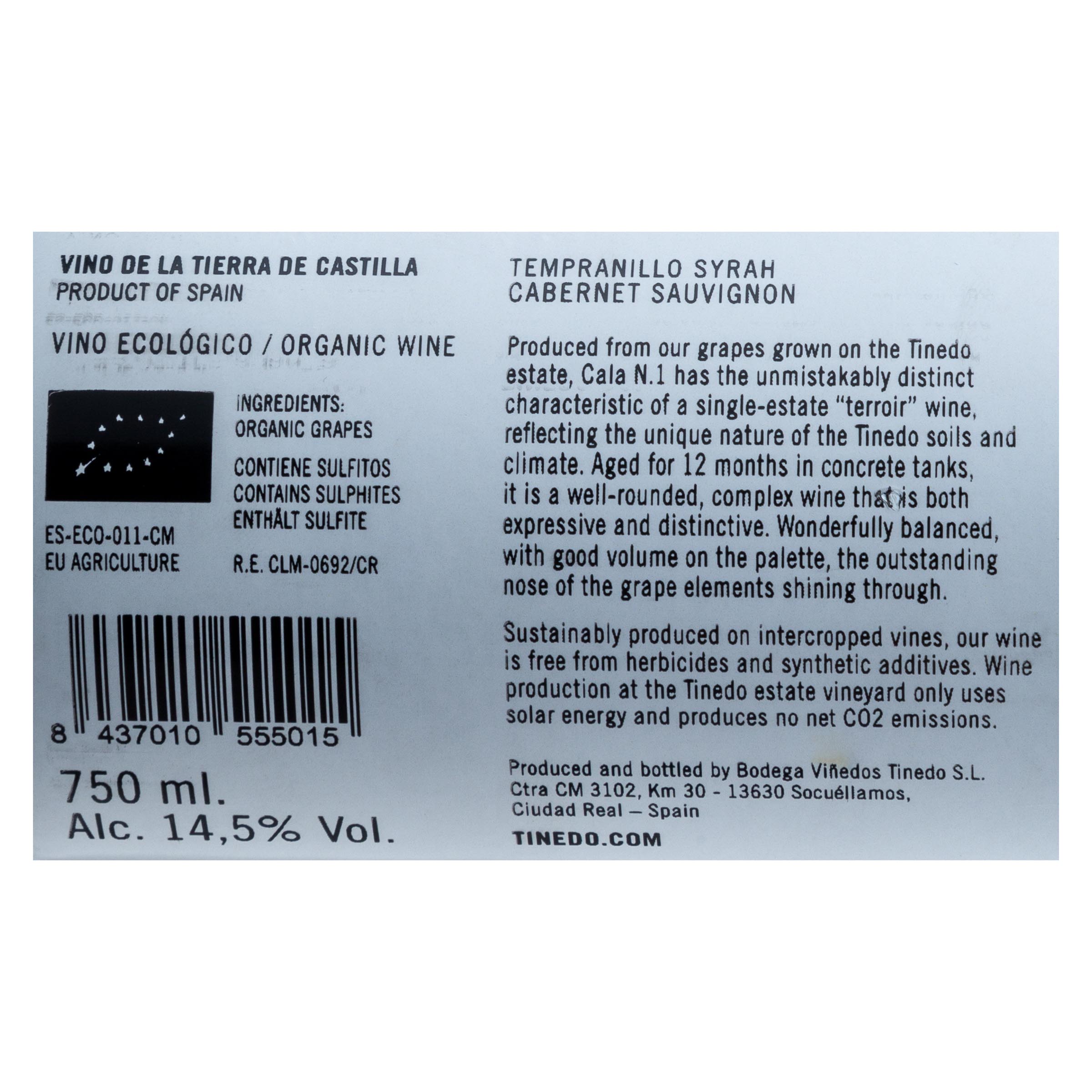 Vino tinto Castilla ecológico Cala Nº1 tempranillo