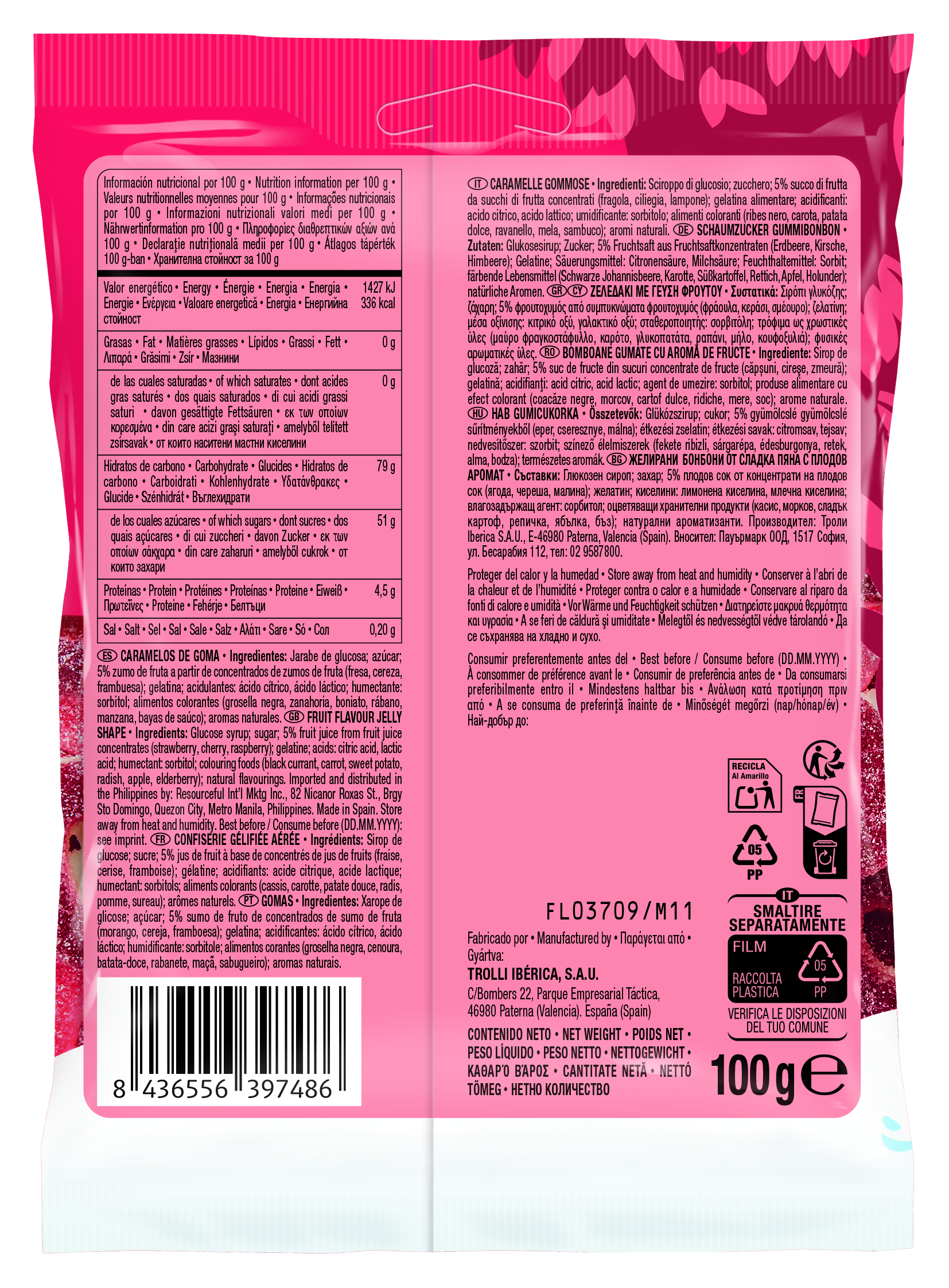 Golosina sin gluten con sabor a frutas rojas Trolli 100g