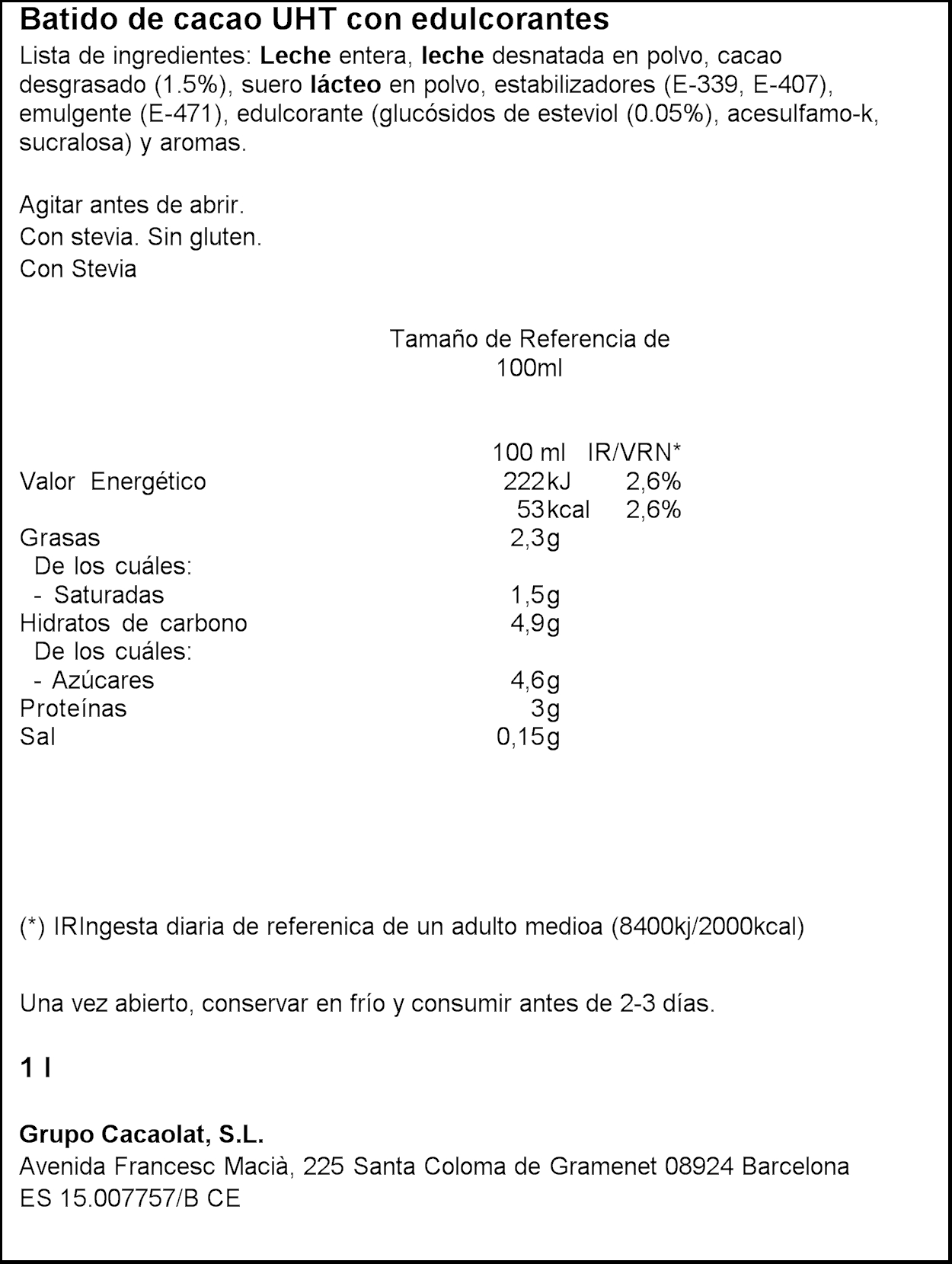 Batido Cacaolat 0% 1l chocolate
