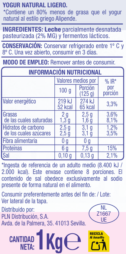 Yogur griego ligero natural estilo cremoso Alipende 1kg