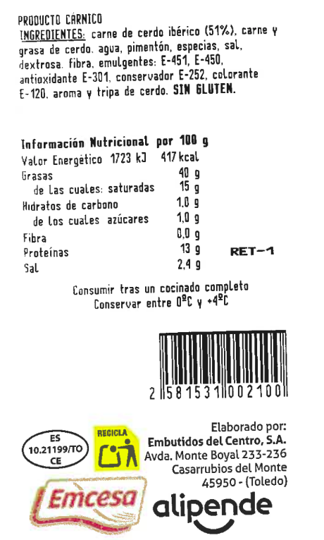 Chorizo ibérico Alipende 450g aproximadamente