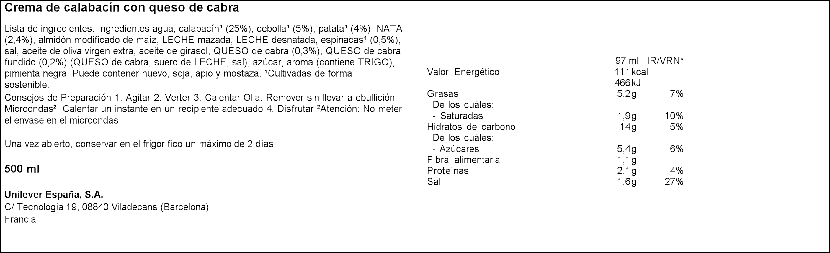 Crema de calabacín con queso de cabra Knorr 500ml