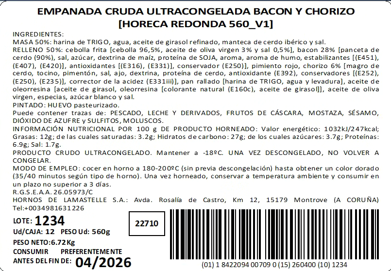 Empanada de bacon y chorizo 560g