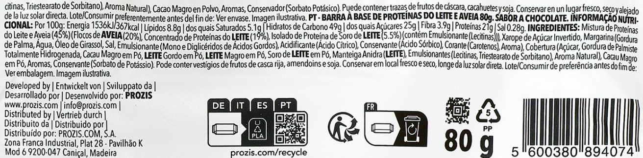 Barrita de proteinas whey con sabor a avena y chocolate Prozis 80g