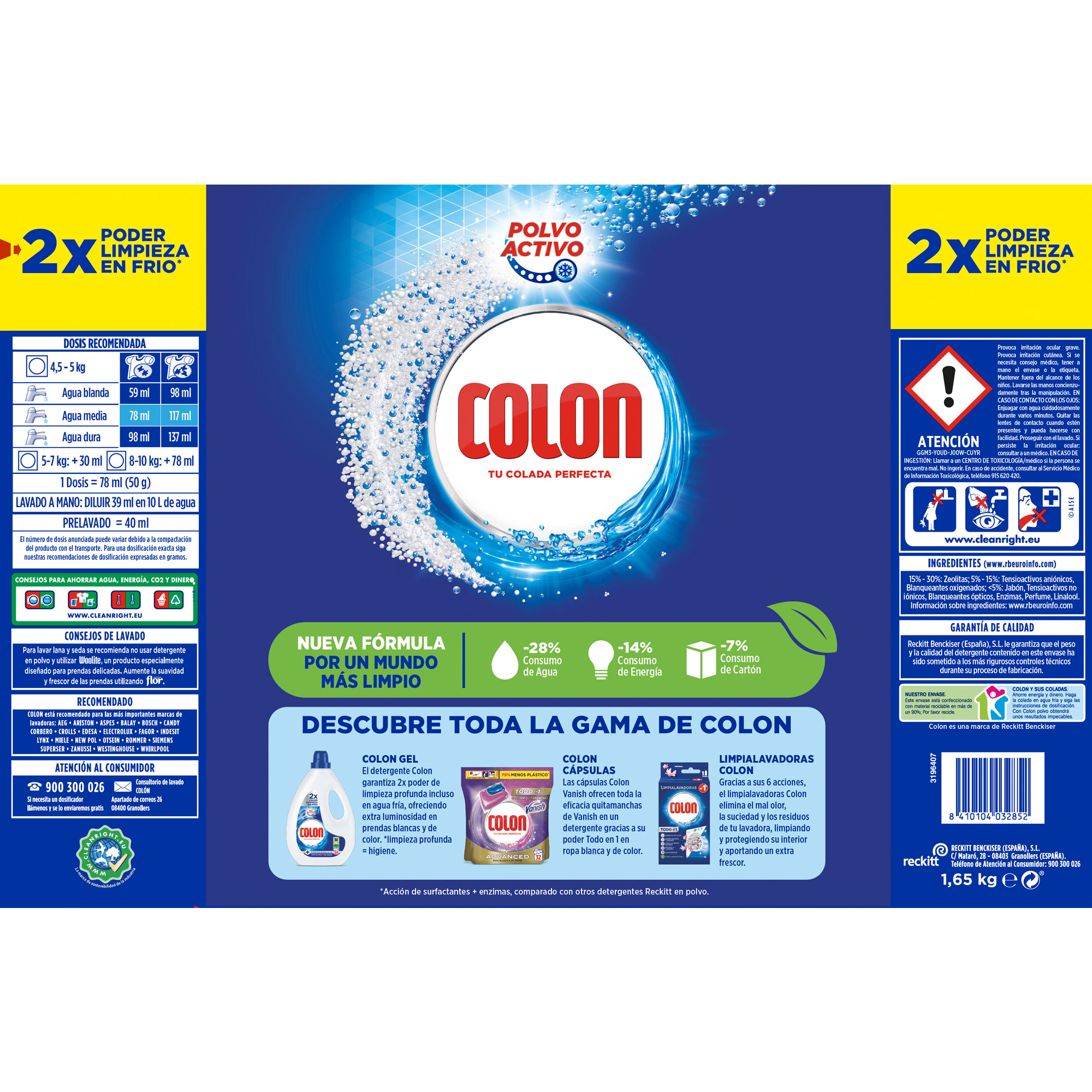 Detergente En Polvo Colon 30+3 Lavados Para Ropa Blanca Y De Color