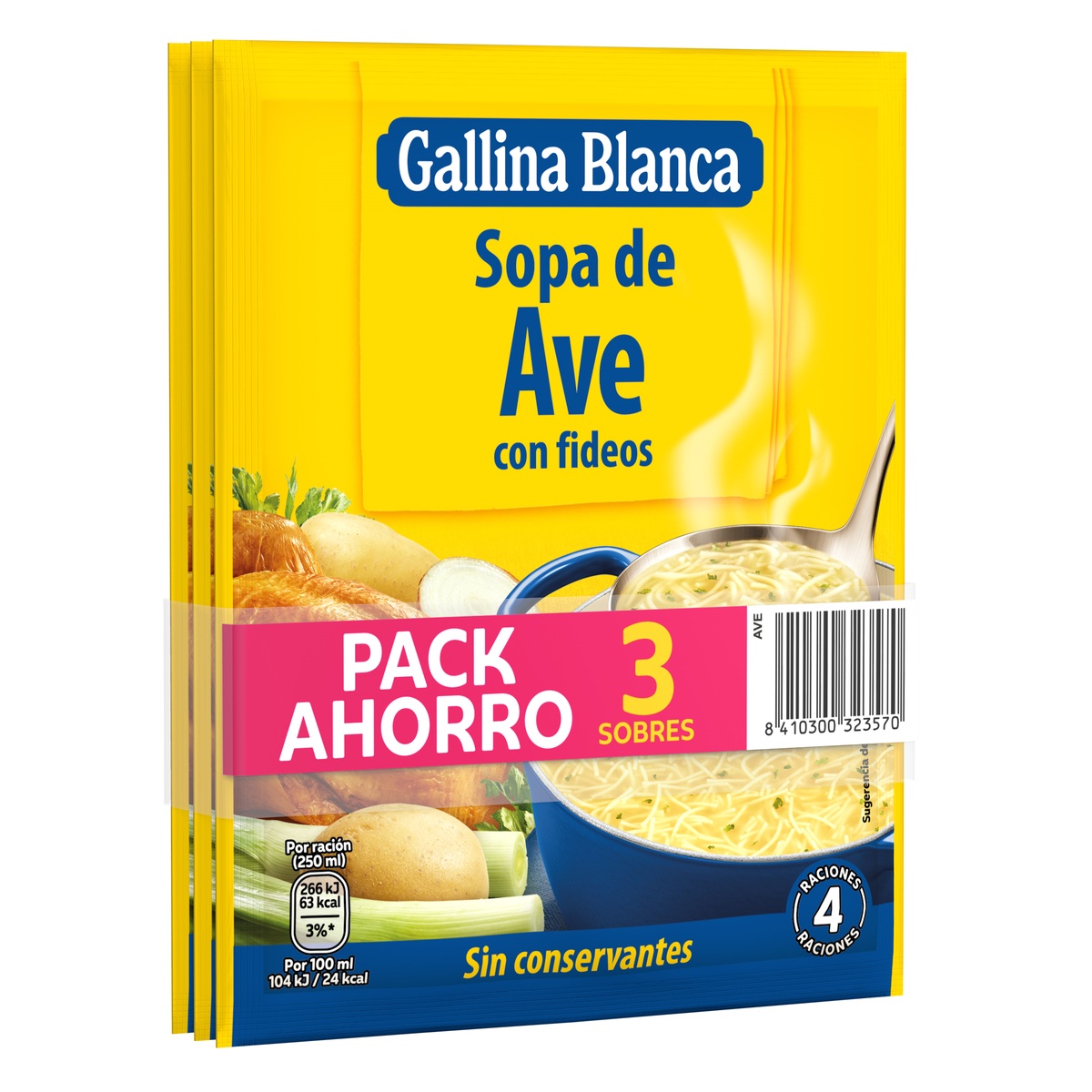 Sopa Gallina Blanca pack 3 unidades ave con fideos
