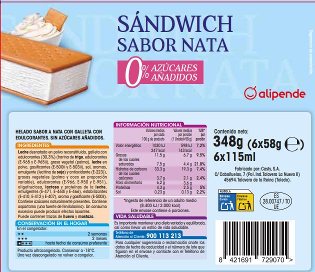 Helado sandwich sin azúcares añadidos Alipende nata 6 uds