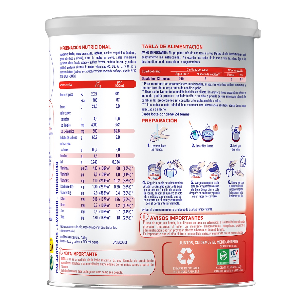Leche en polvo de crecimiento Nidina 3 Nestlé desde 12meses 800g