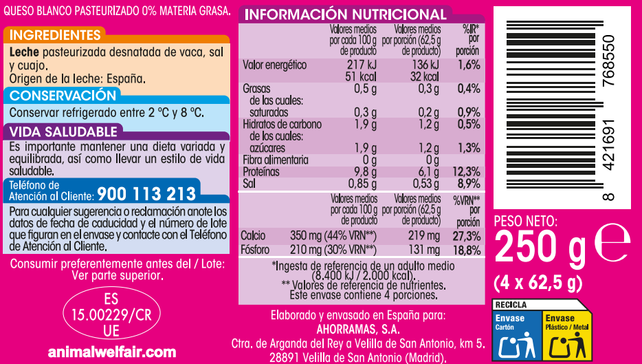 Queso blanco 0% materia grasa Alipende pack 4 uds