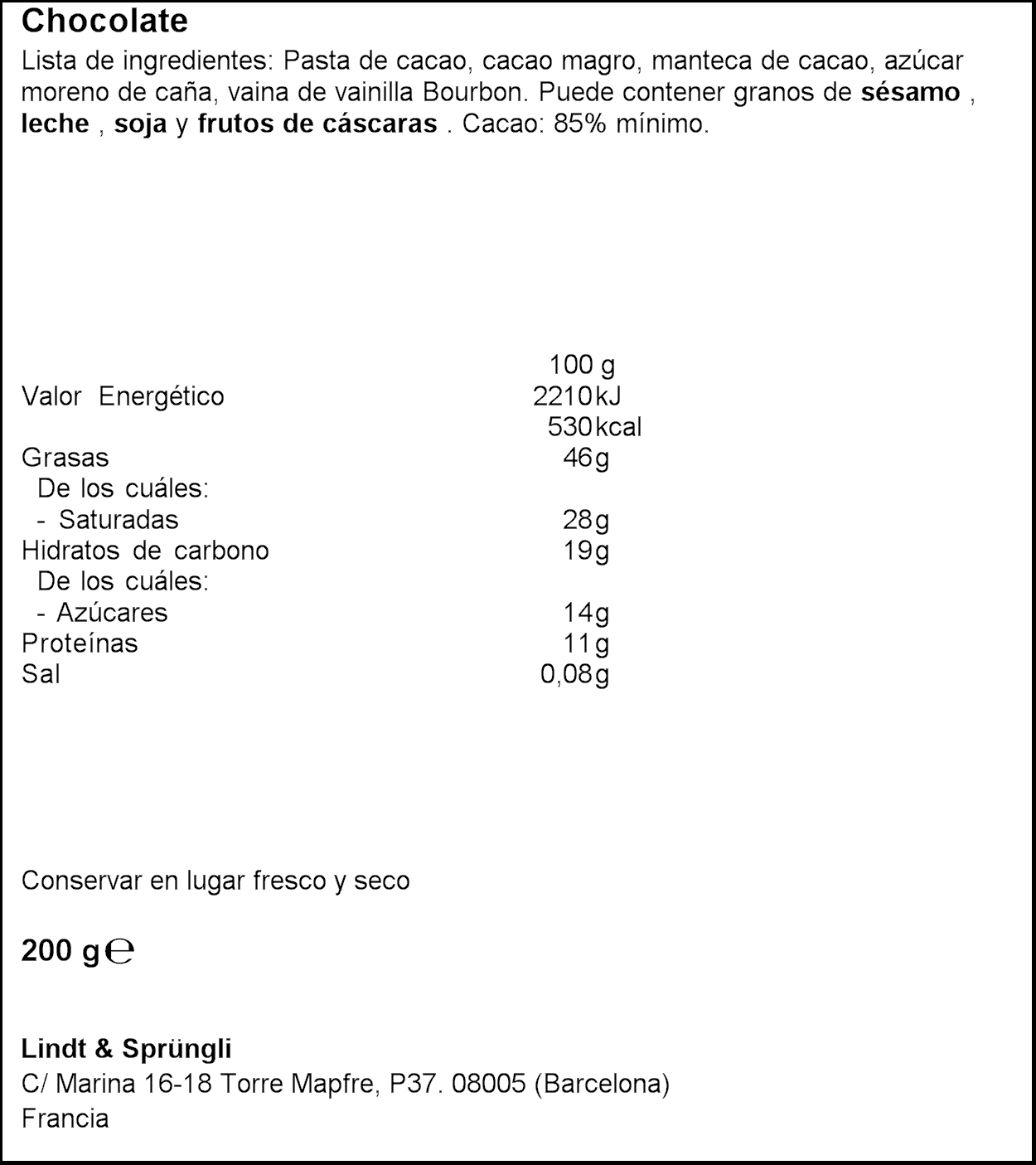 Chocolate negro 85% excellence Lindt pack 2 x 100gr