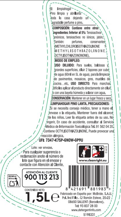 Limpiador para el hogar multisuperficies con alcohol de Lanta 1,5 litros