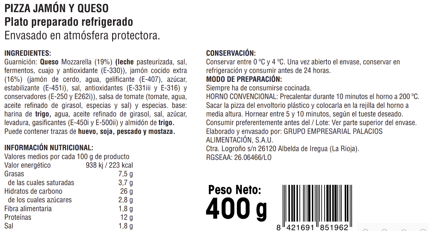 Pizza Alipende 400g jamón y queso