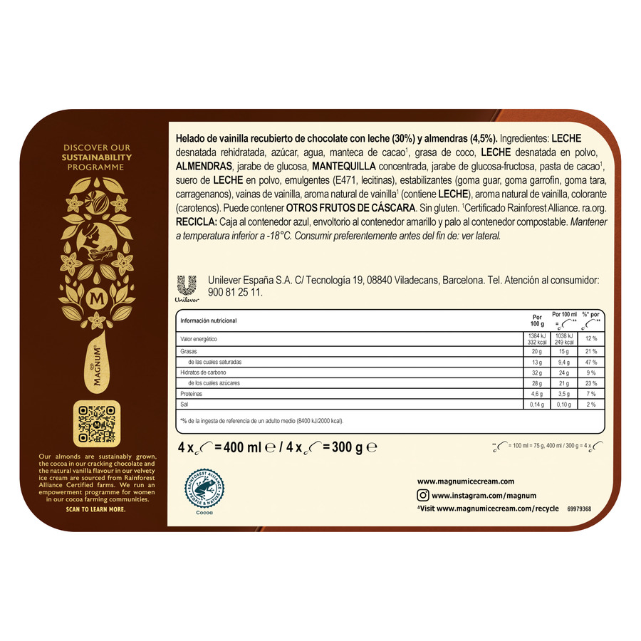 Helado bombón Magnum 3+1 uds almendra