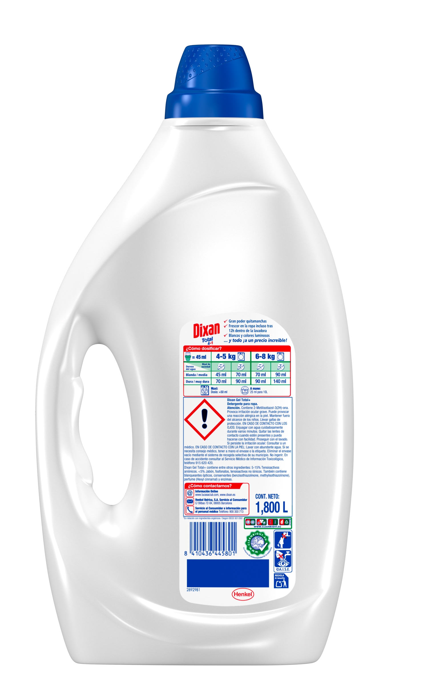 Detergente Líquido Dixan 40 Lavados Total 4+1