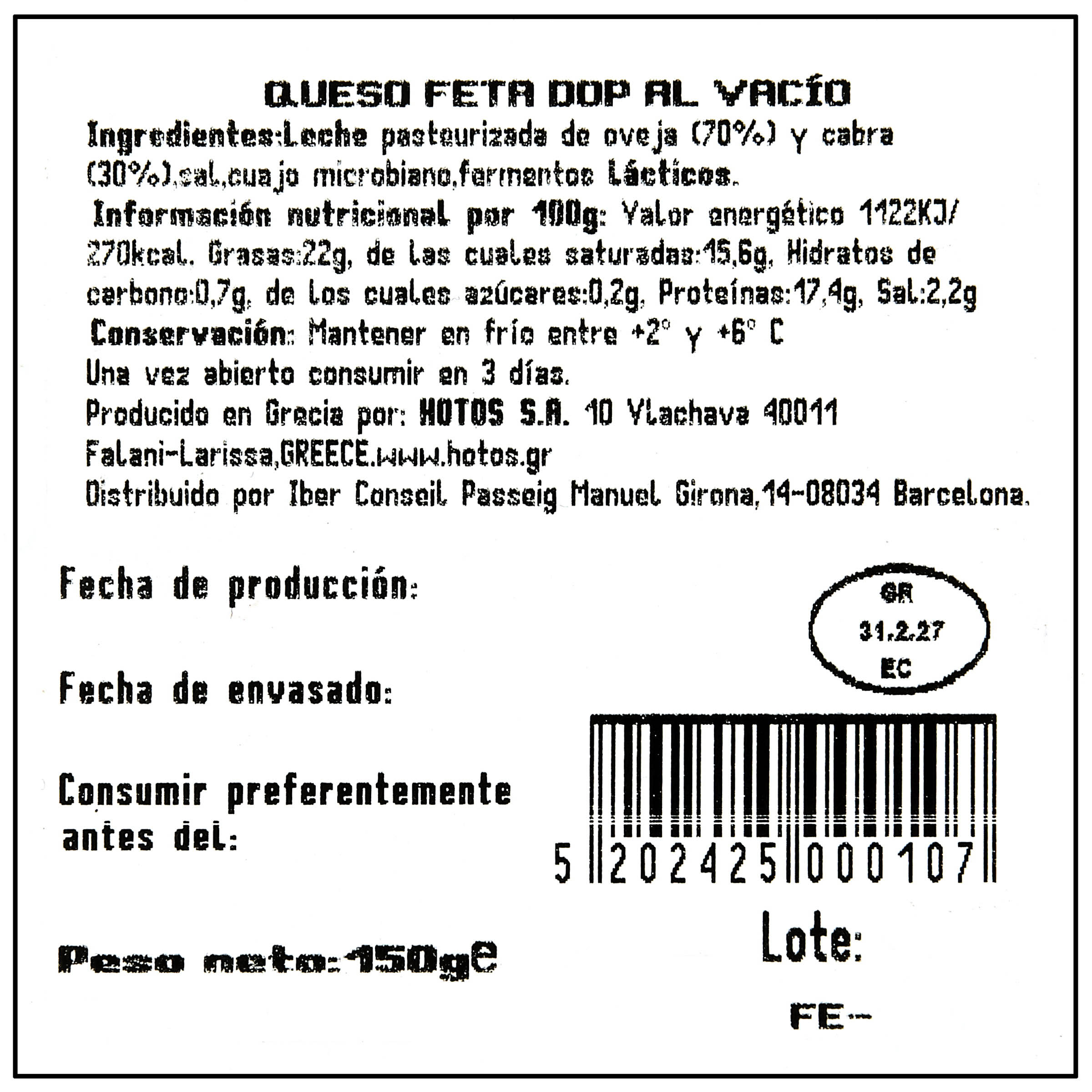 Queso Feta Denominación De Origen Protegida Hotos 150G Pieza