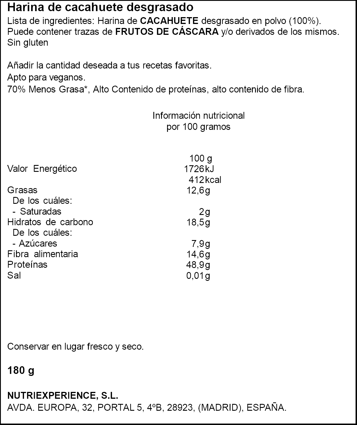 Cacahuete desgrasado en polvo Just Loading 180g