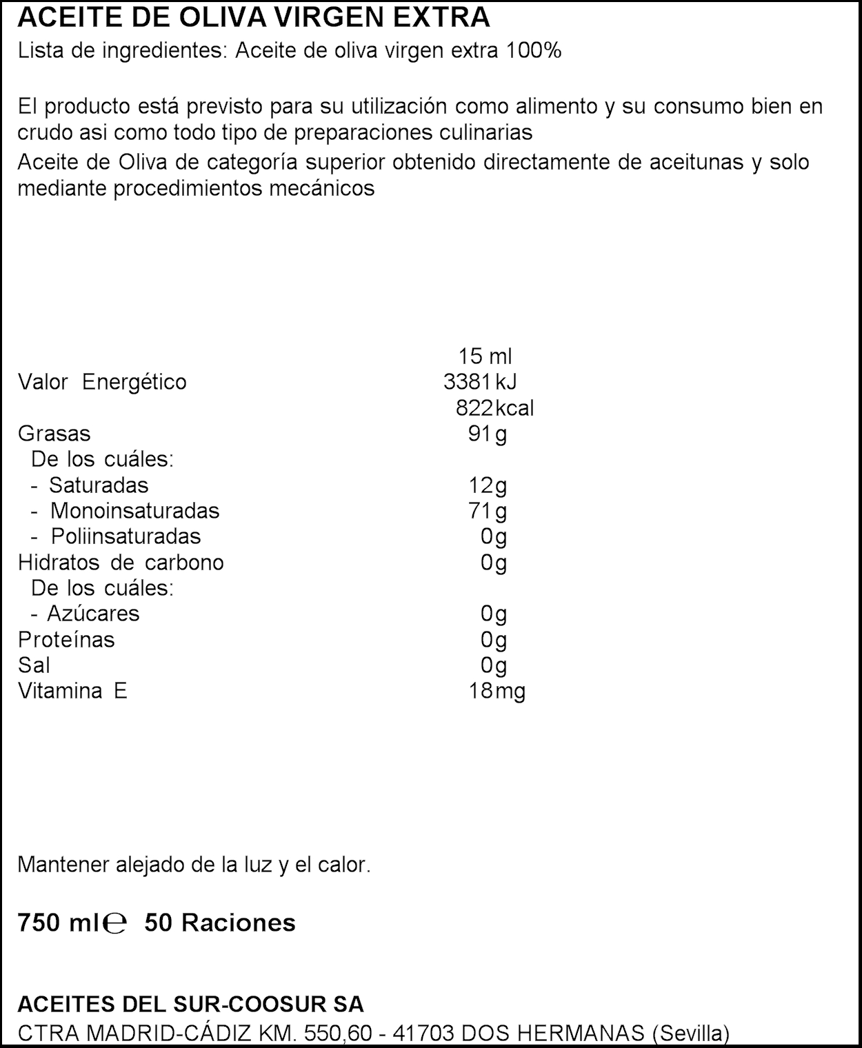 Aceite de oliva virgen extra Coosur 750ml