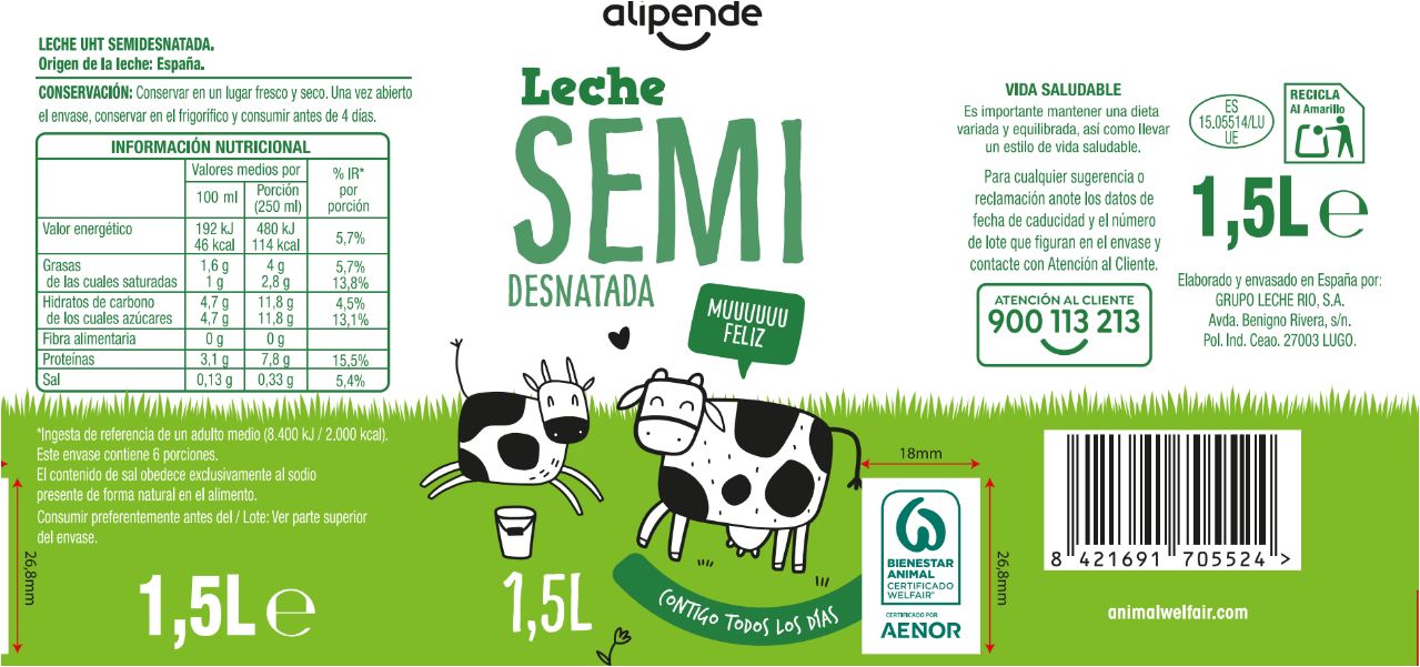 Leche Alipende Botella 1.5 litros semidesnatada