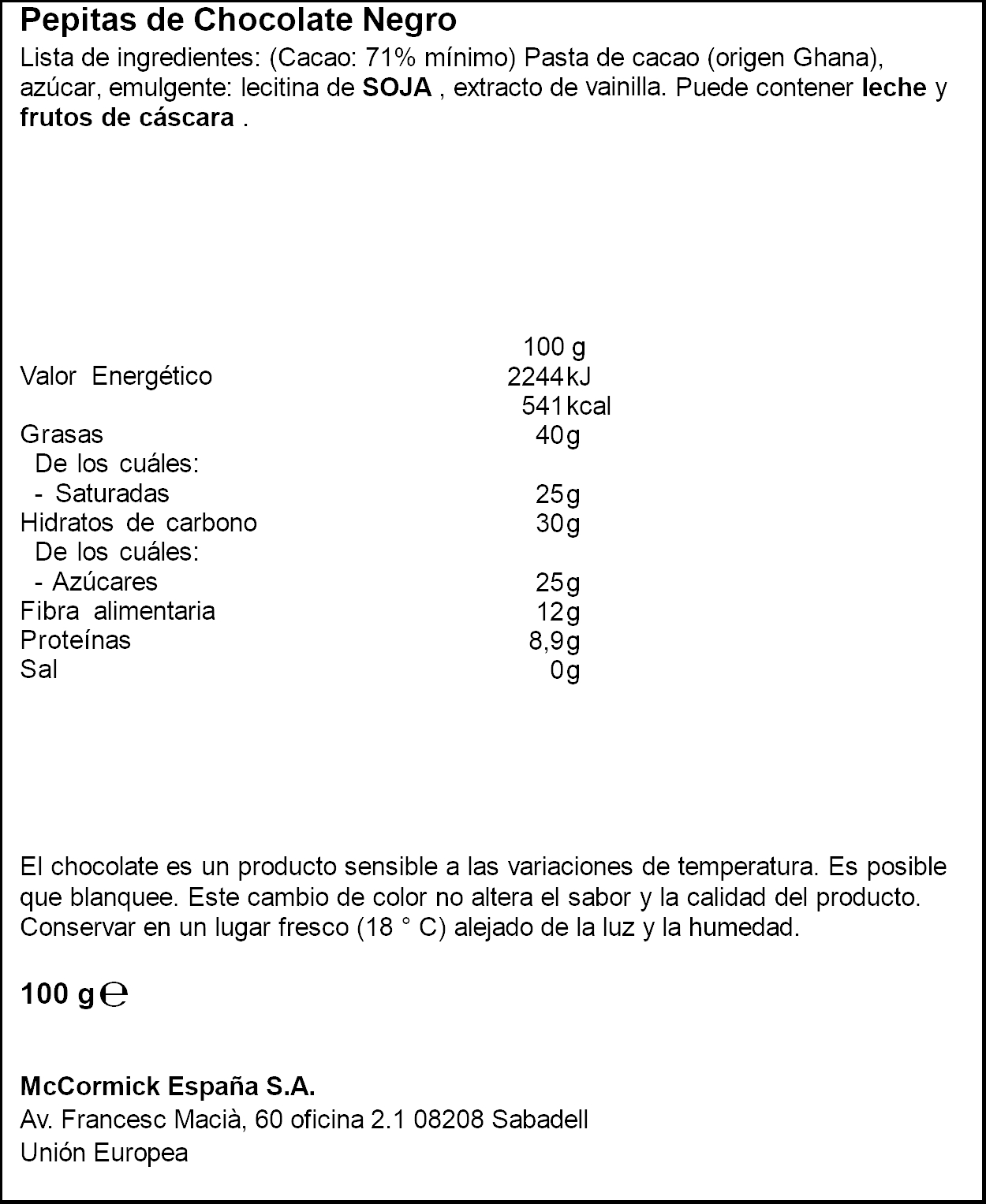 Pepitas de chocolate negro 70% de cacao Vahiné 100g