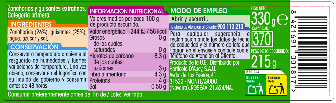 Guisante extrafino y zanahoria baby Alipende 215g