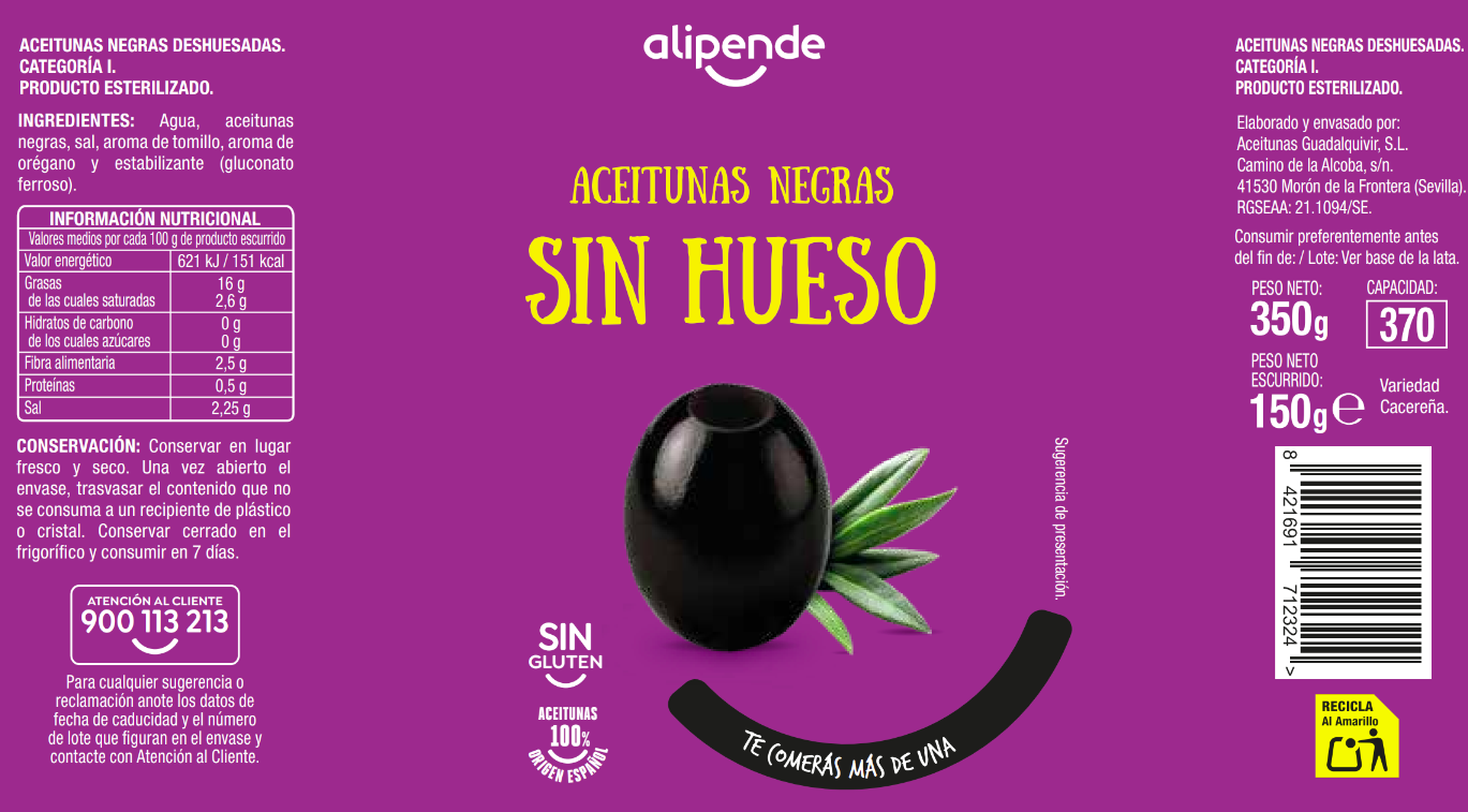 Aceitunas negra sin hueso Alipende 150g