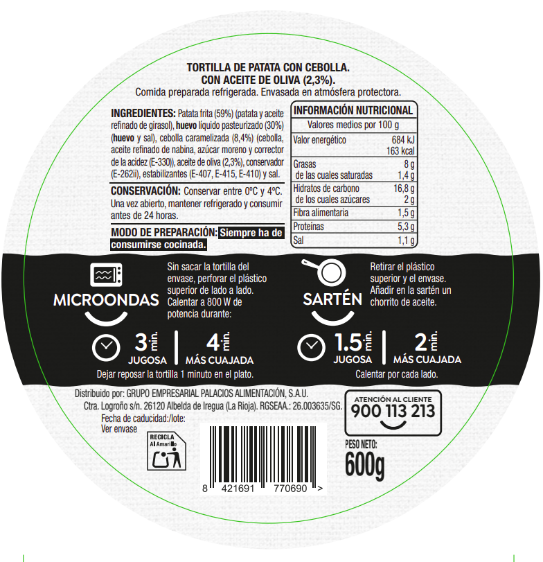 Tortilla de patata sin gluten Alipende 600g con cebolla