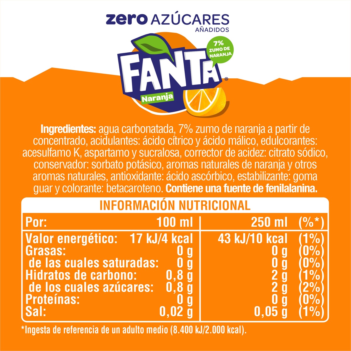 Refresco naranja Fanta botella 2l zero azúcares