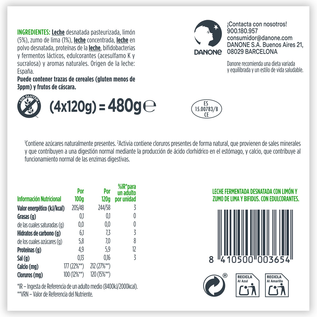 Bífidus probiótico Activia desnatado 0% materia grasa pack 4 lima limón