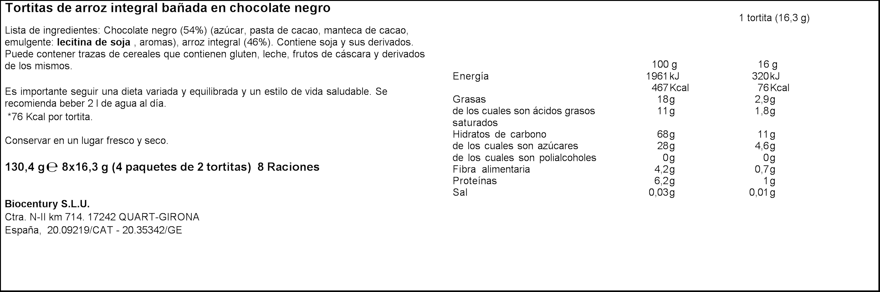 Tortitas de arroz integral Bicentury 130g chocolate