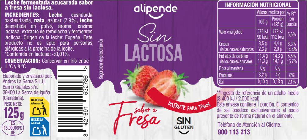 Leche fermentada sin lactosa Alipende pack 4 125g fresa