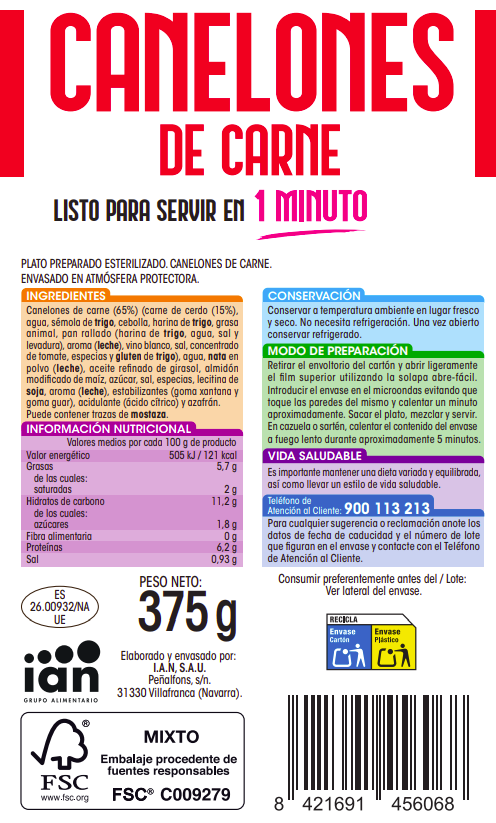 Canelones de carne Alipende 375g