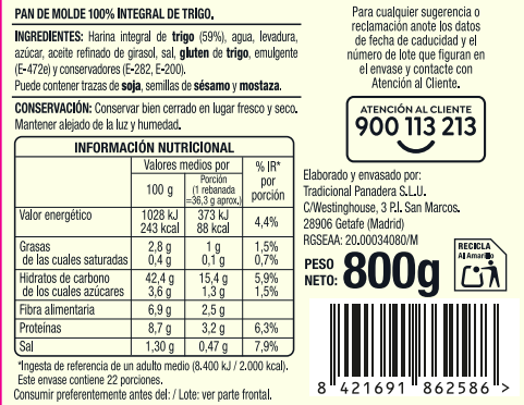 Pan de molde 100% integral sin lactosa Alipende 800g